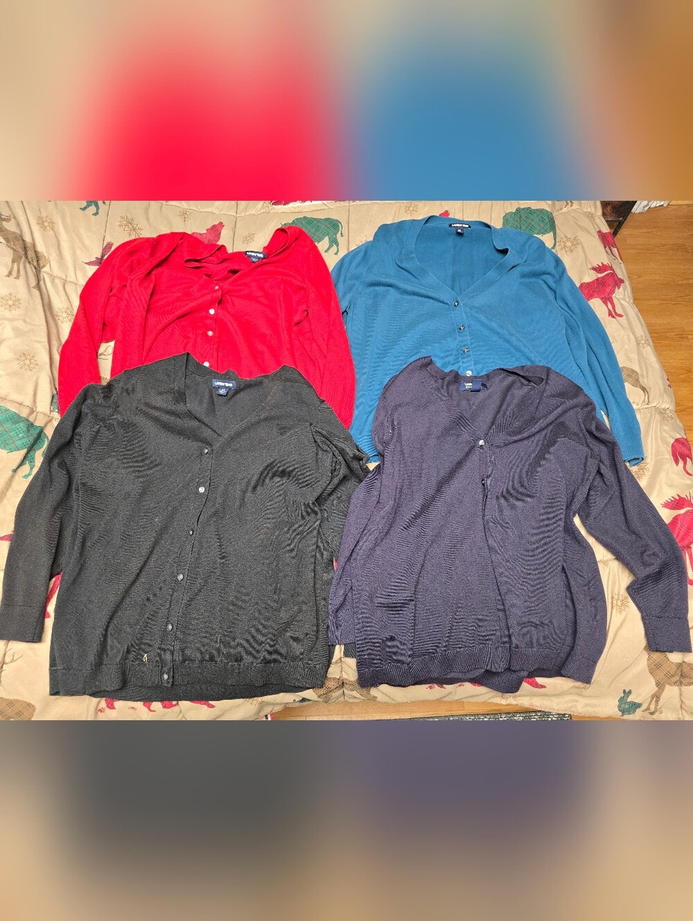 Lands' End Button Cardigan Set in Red, Teal, Black, and Navy